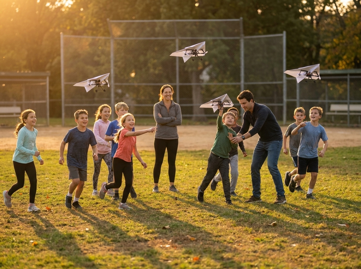 A youth group with four kits in the air on a park ball field