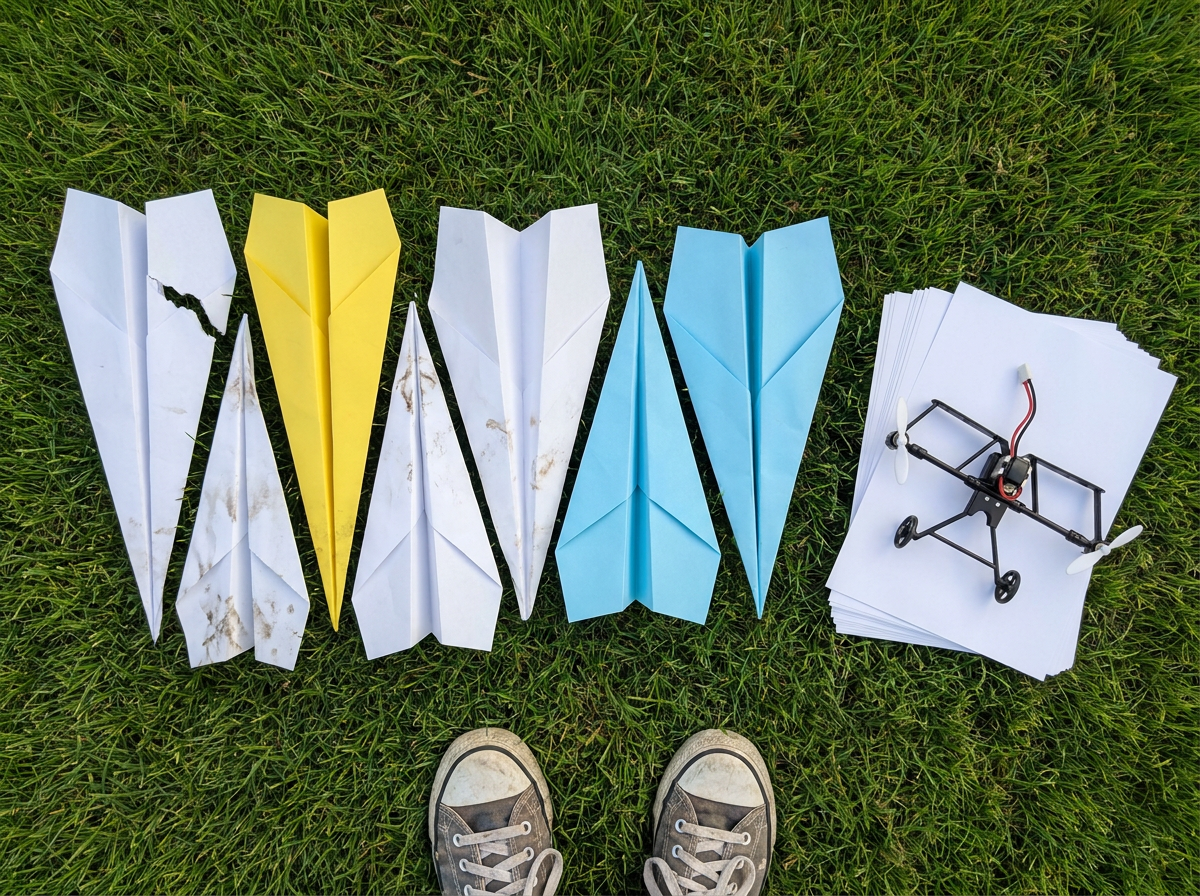 A row of crashed and refolded paper planes on the grass, the module waiting beside them with a fresh stack of paper