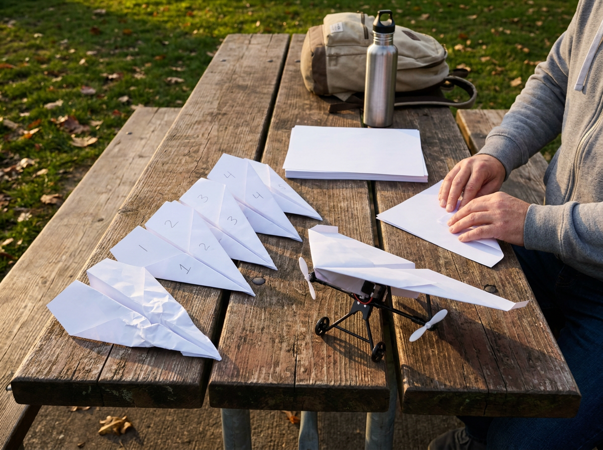 A park picnic table with a crumpled plane, four numbered planes, a stack of printer paper and a dad's hand folding another