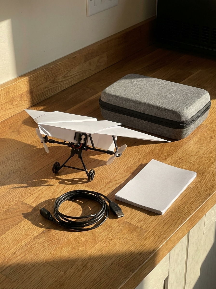 The plane on the kitchen counter next to a closed drone case