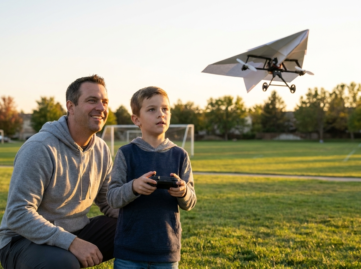 A dad crouched beside his son at a park, the boy's thumbs on the two-stick remote, the plane banking beyond them