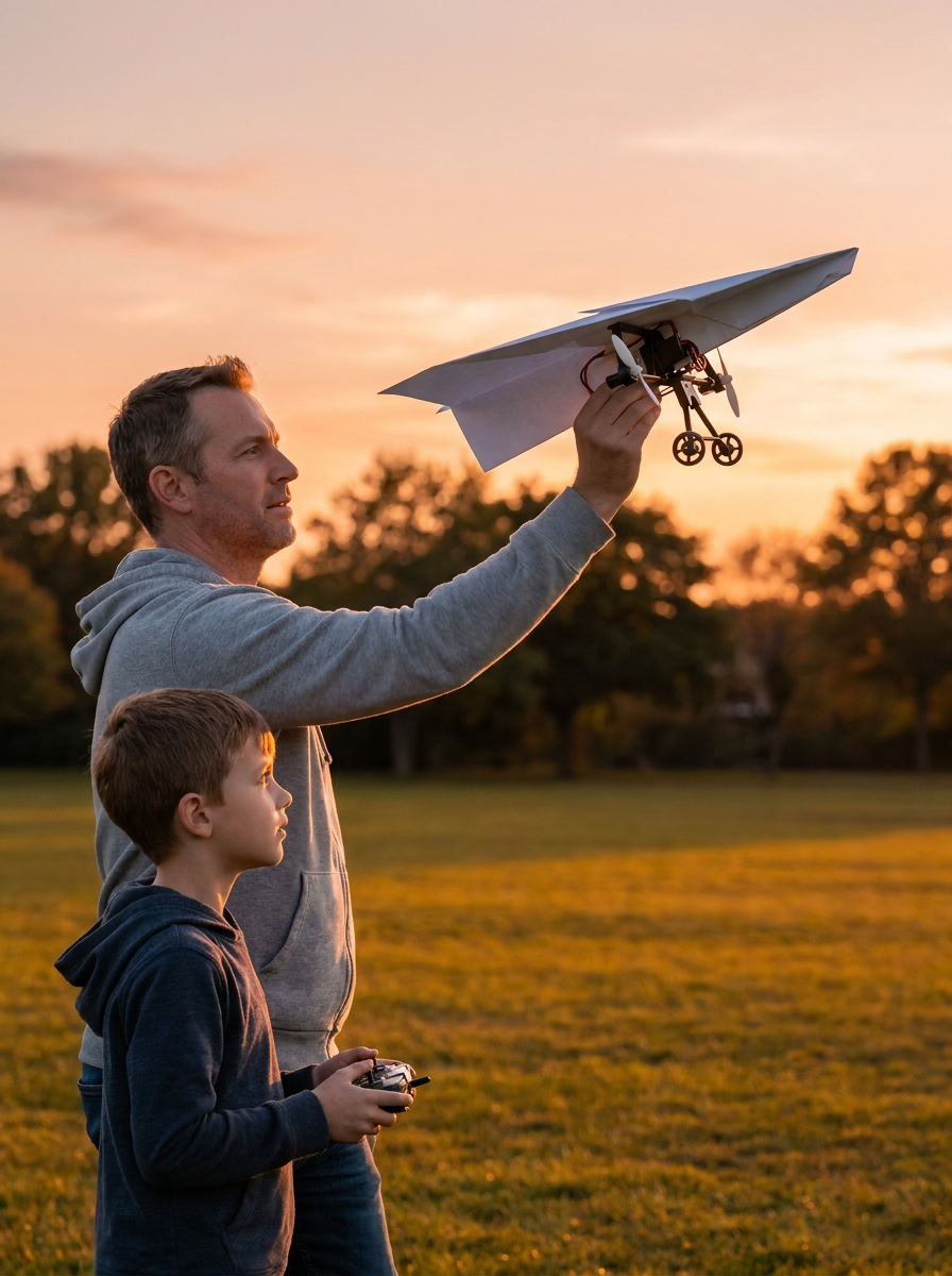 A dad and his son in a park at dusk, about to hand-launch the plane