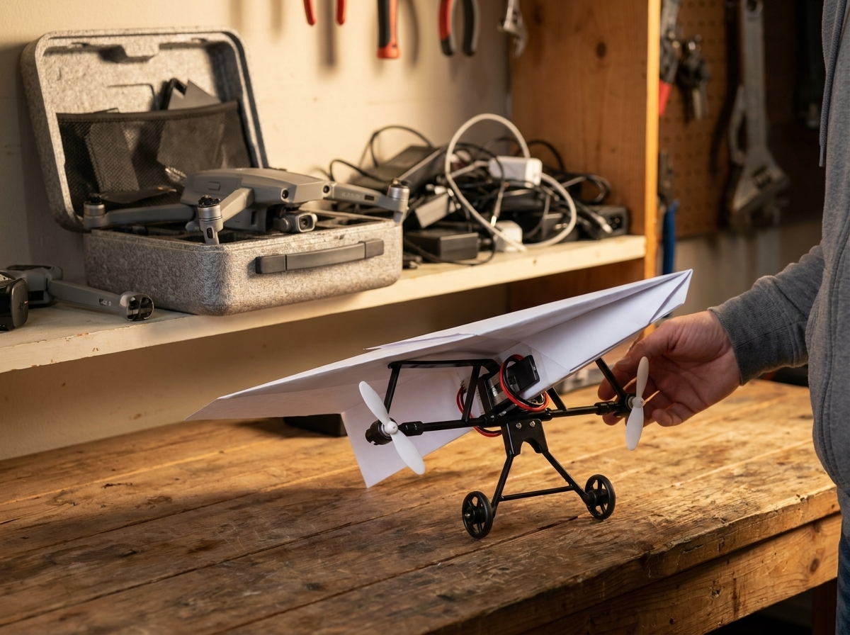 A garage shelf: the PaperFlight plane on its wheels in front of an open case holding a drone with a broken arm