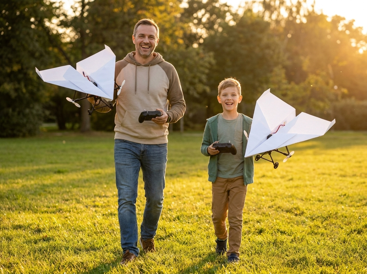 A dad and his son walking across a park at golden hour, each with a plane and a remote