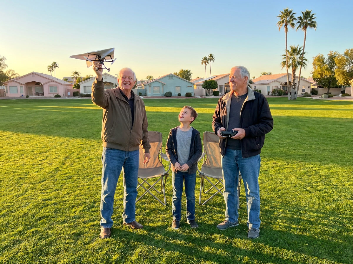 Two men in their seventies and a boy about ten on a retirement-community lawn at golden hour, one holding the plane, one holding the remote