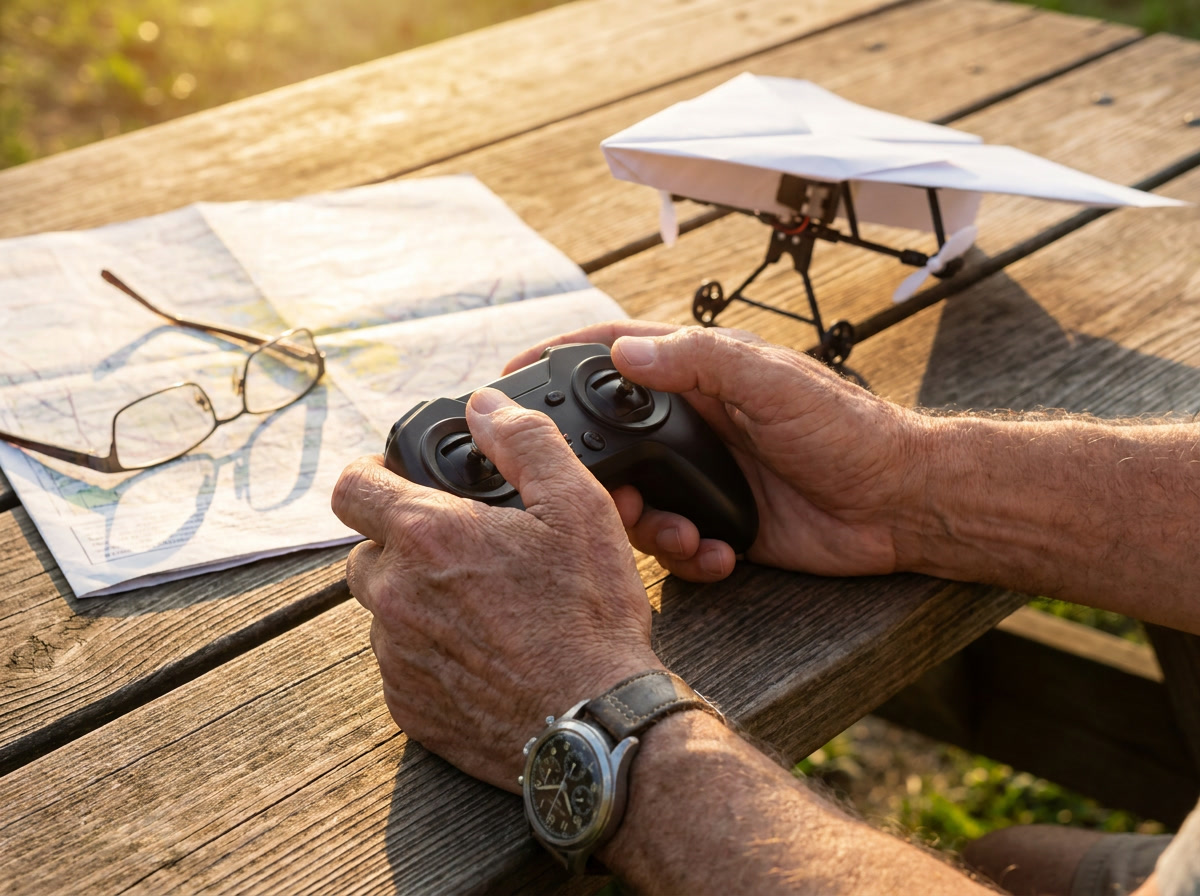 Weathered hands holding the two-stick remote, a pilot's chronograph on the wrist, reading glasses and a folded chart on the picnic table behind