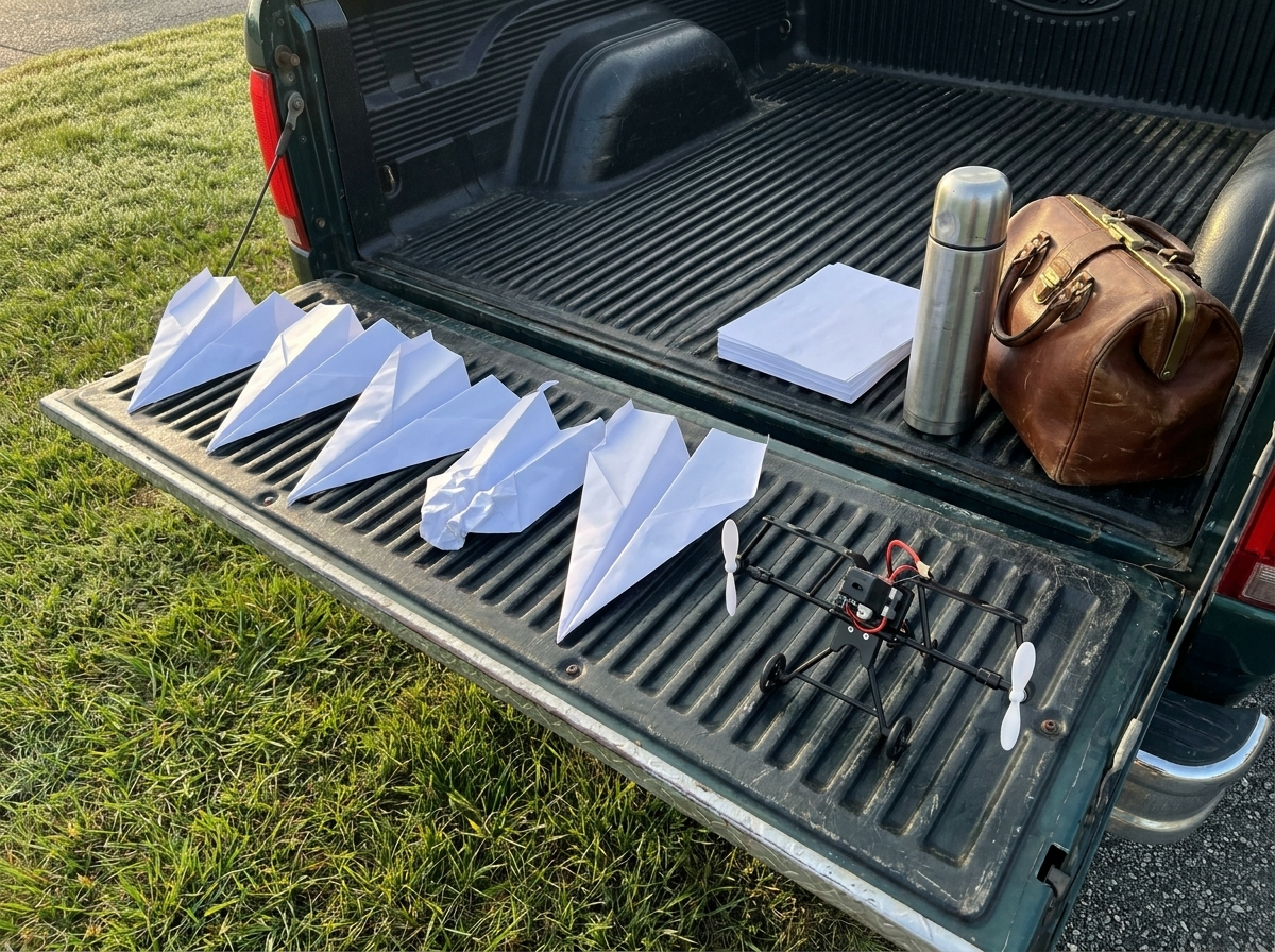 A pickup tailgate at a grass strip: six paper planes in different folds, one crumpled, the module, a stack of printer paper, a thermos and an old leather flight bag