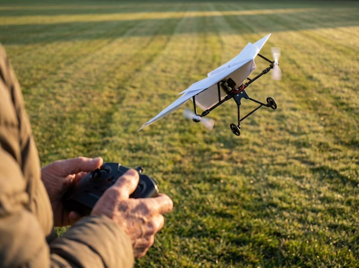 The plane banking in a coordinated turn over a mown field, both forward props spinning, an older man's hands on the two-stick remote in the foreground