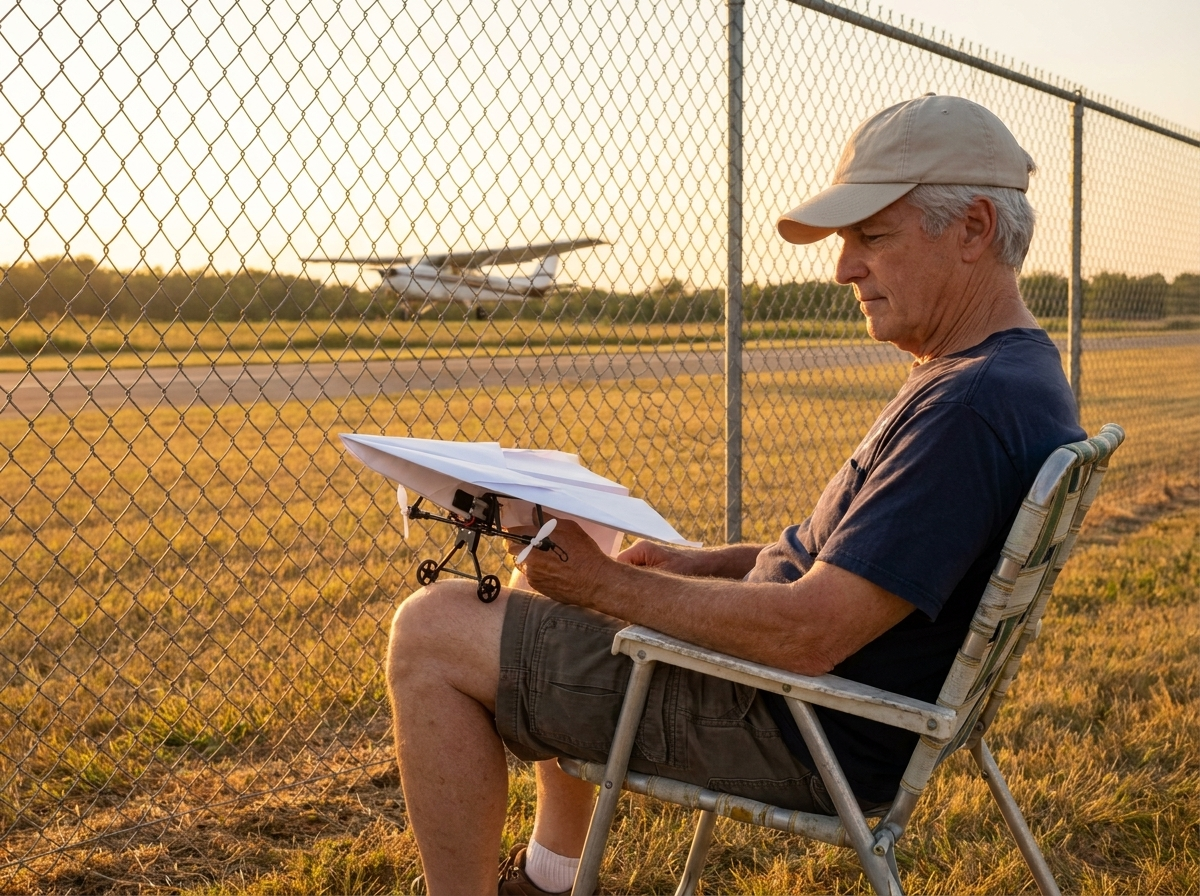 A man in a lawn chair at the airfield fence with the paper plane on his knee