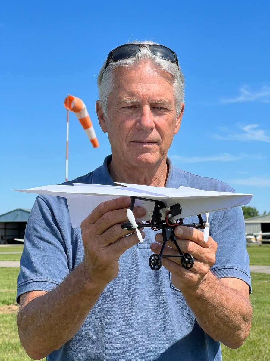 A man in his late sixties holding the plane up against the sky, a windsock behind him