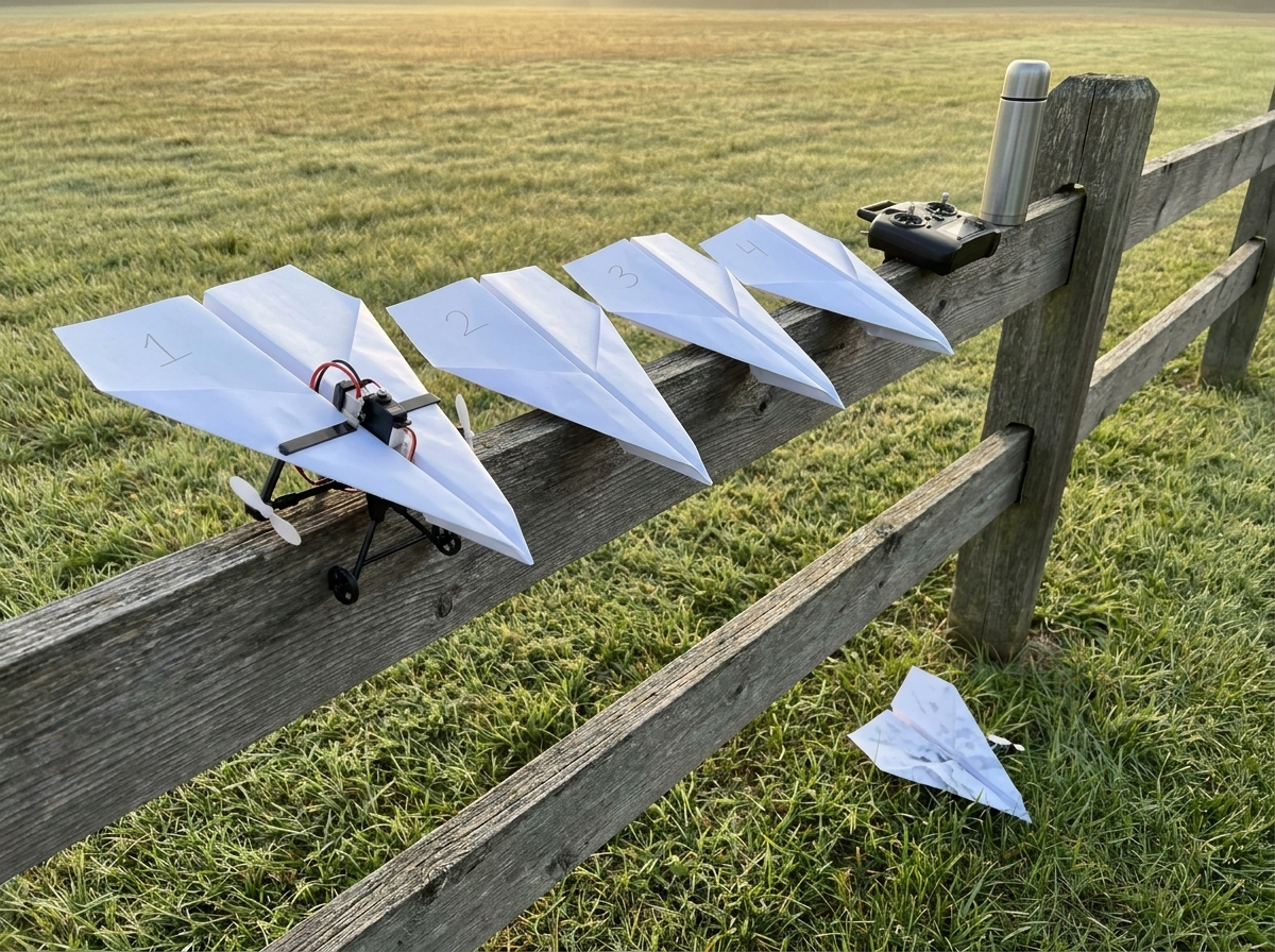 Four paper planes with pencil numbers on the wings lined up on a ranch fence rail, a crashed one in the grass below, the remote and a thermos beside them