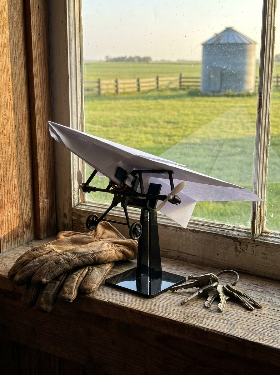 The plane on its display stand on a mudroom windowsill, a pasture and grain bin through the window