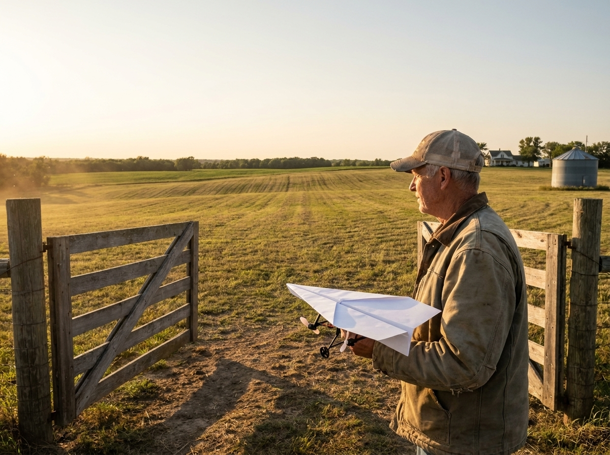 A man in his sixties at an open pasture gate at golden hour, holding the plane, an enormous empty hayfield behind him