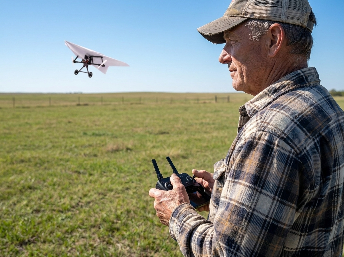 A man in his sixties in the middle of an open pasture, both thumbs on the two-stick remote, the plane climbing in the distance