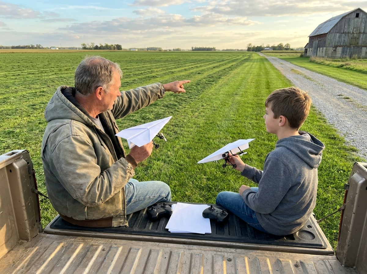 A man in his sixties and a boy on a pickup tailgate at the edge of a mown field, each holding a plane with the module clipped on, two remotes between them