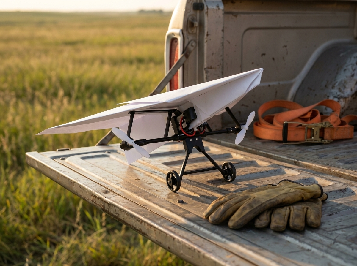 Close-up of the module on a pickup tailgate: front crossbar, two forward props, landing gear