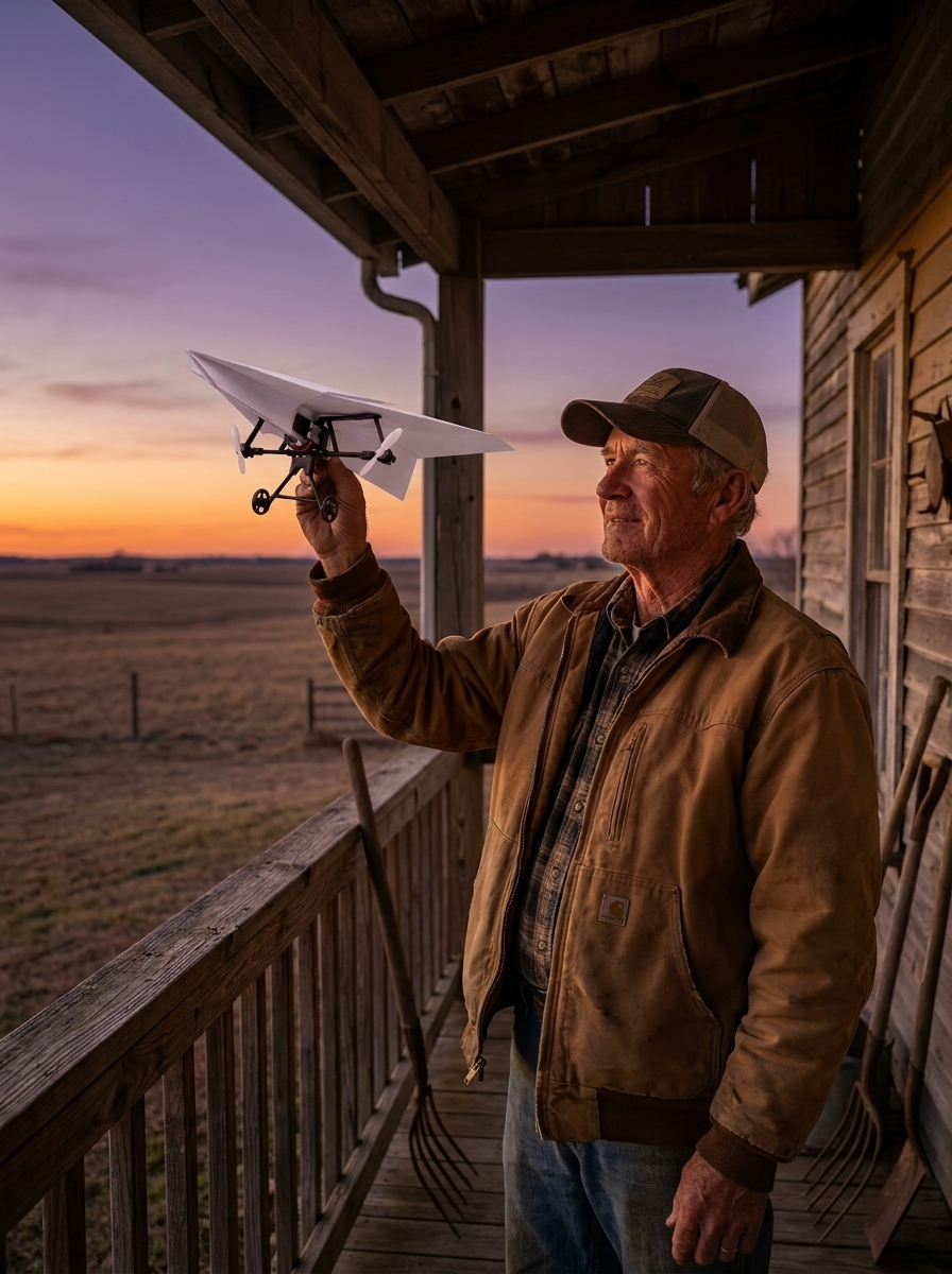 A man in his sixties on a farmhouse back porch at dusk, holding the plane over an empty pasture