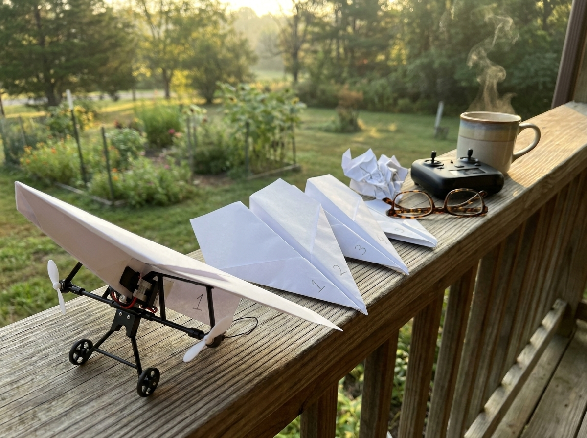 A porch railing with numbered paper planes, a crashed one, his reading glasses, the remote and a coffee mug