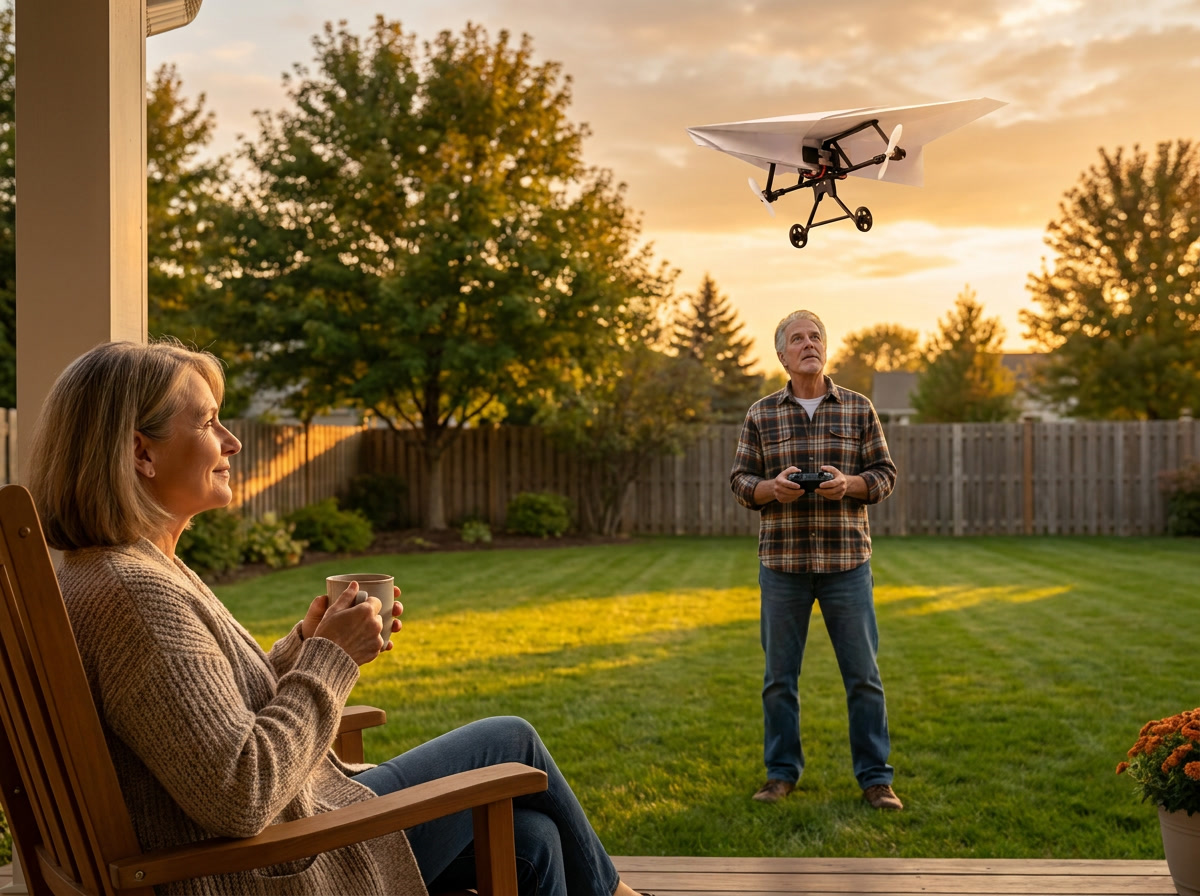 A woman watches from the porch with a mug while her husband flies the plane on the lawn