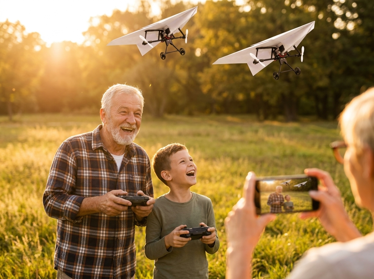 A grandfather and grandson flying two planes in a park at golden hour, a woman's hand taking their picture in the foreground