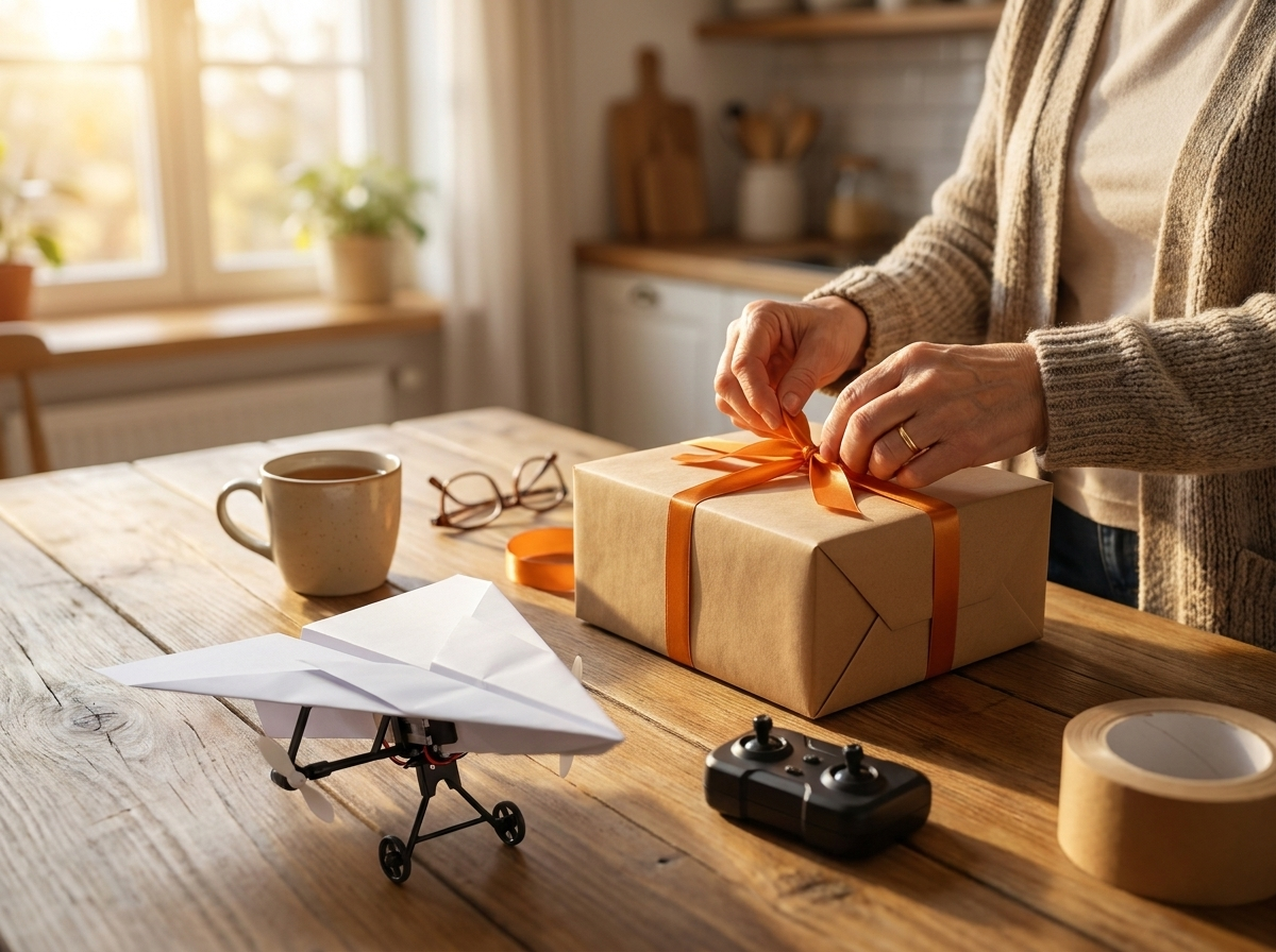 A woman's hands wrapping a kraft gift box at the kitchen table, the PaperFlight plane and remote beside it