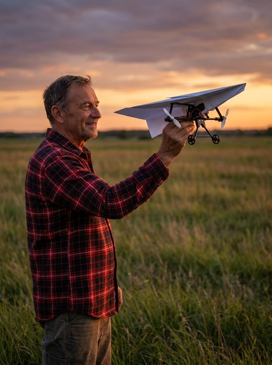 A man in his sixties in a field at dusk, about to launch the plane
