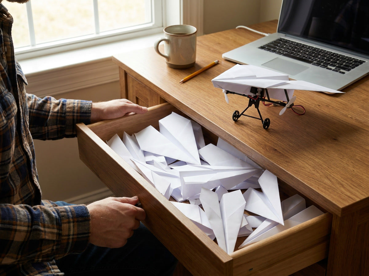 A desk drawer pulled open, packed with folded paper airplanes, and one plane on the desk with the module clipped under its nose