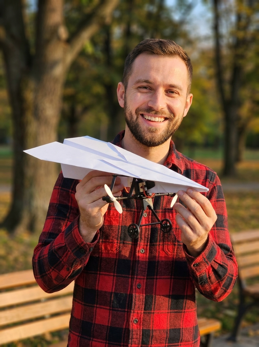 A man in his thirties holding up the folded plane with the module clipped under the nose