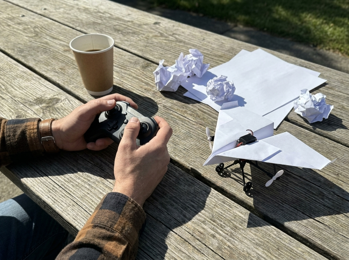 A man's hands holding the two-stick remote at a park picnic table, the plane with the module beside a coffee cup