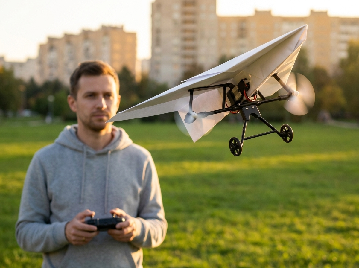 The plane banking in a turn over a city park lawn, a man in a hoodie on the two-stick remote in the foreground