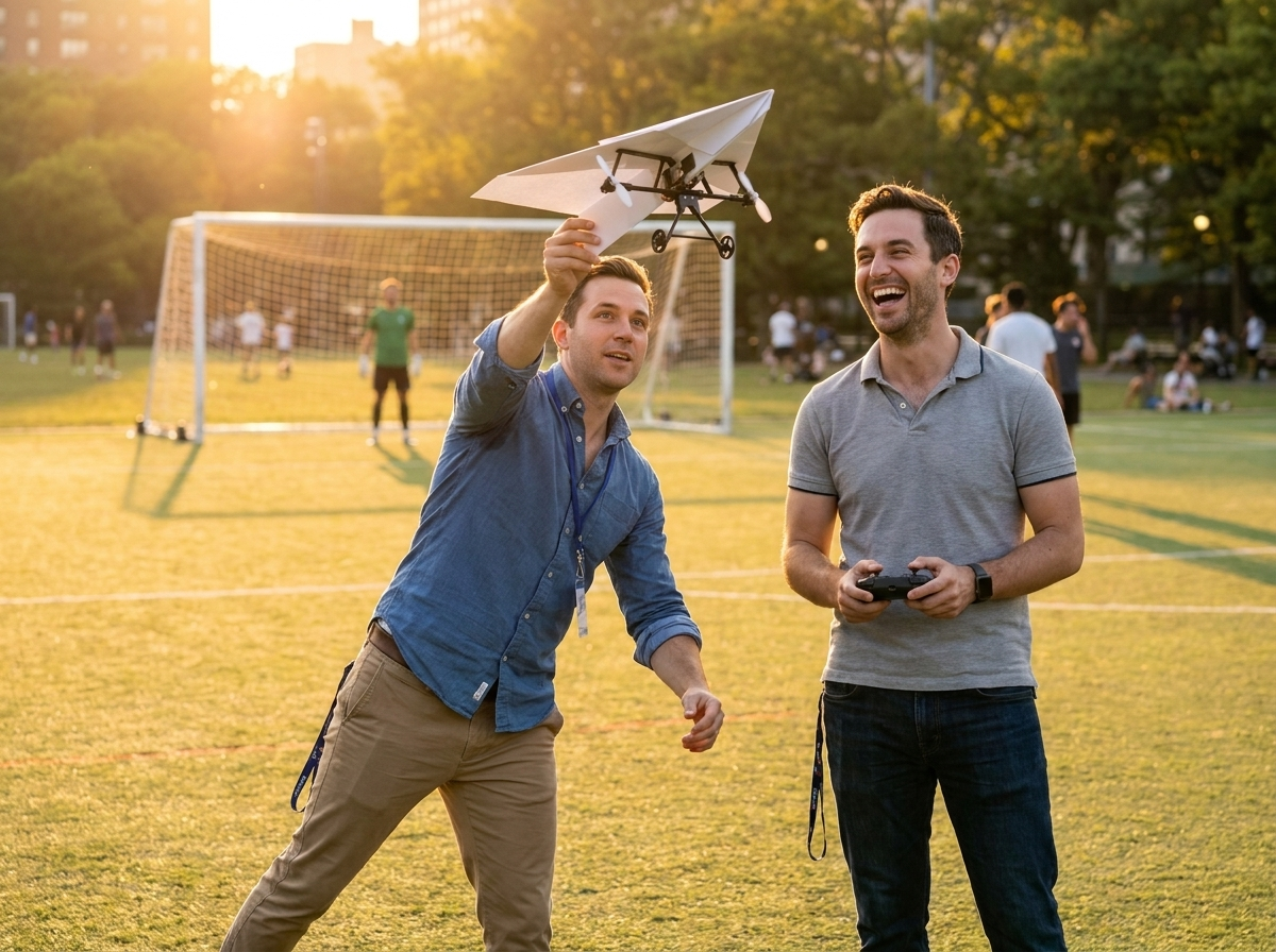 Two coworkers on a park field at golden hour, one launching, one on the remote