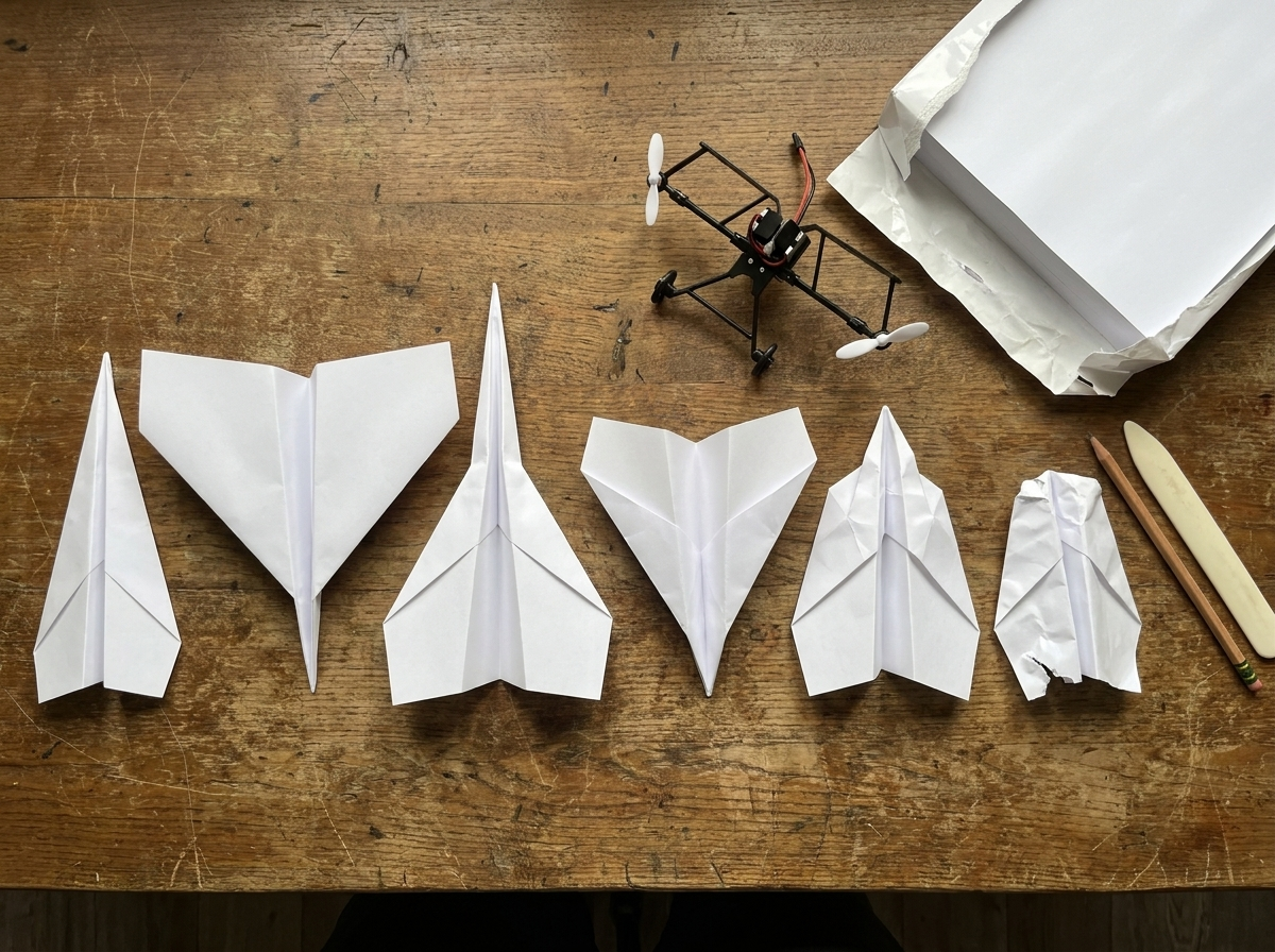 A row of six paper planes in different folds on a desk, one crumpled, the module beside them and a torn-open ream of paper