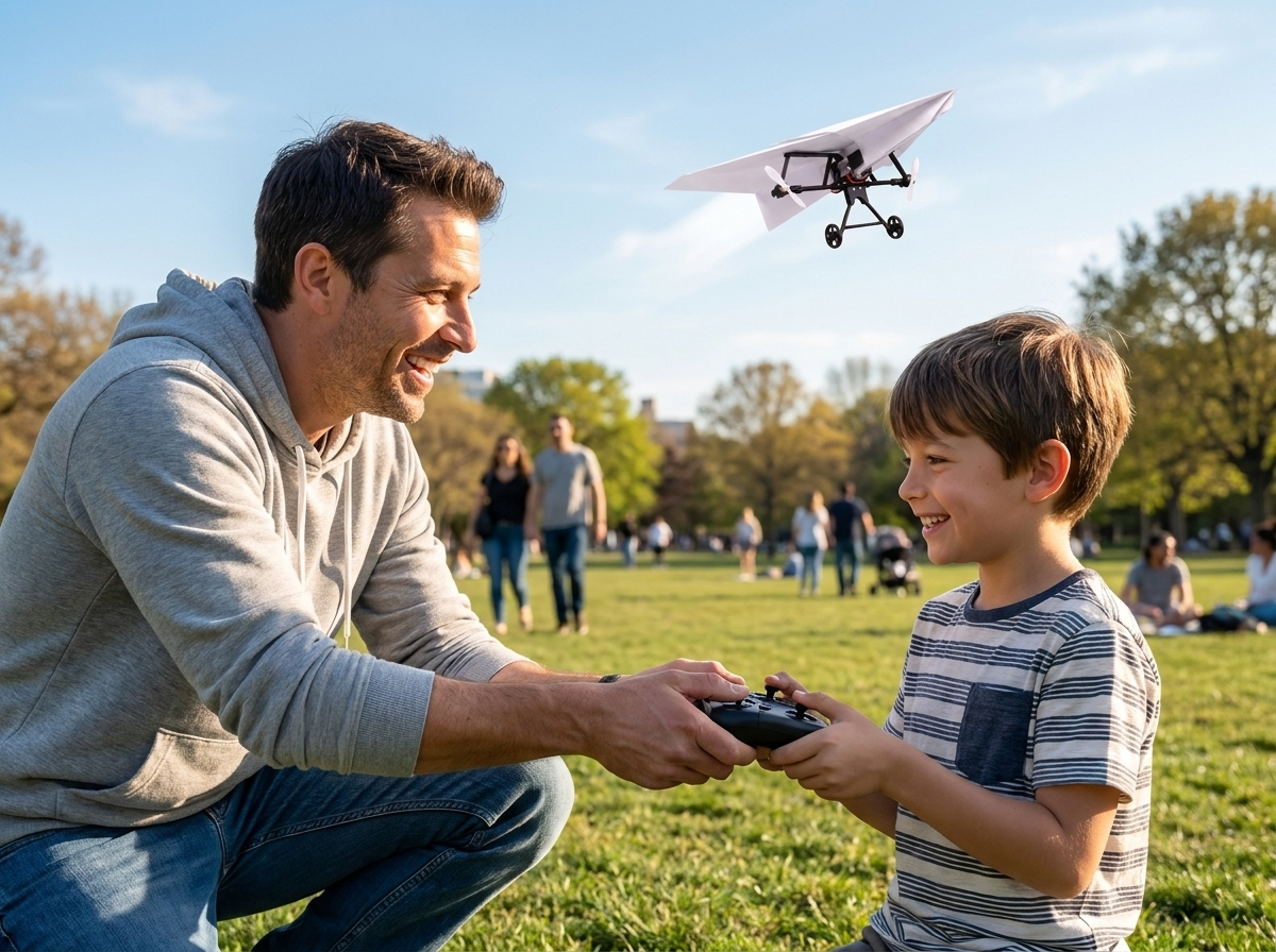 An uncle crouched beside his nephew in a park, handing him the two-stick remote, the plane climbing in the sky behind them