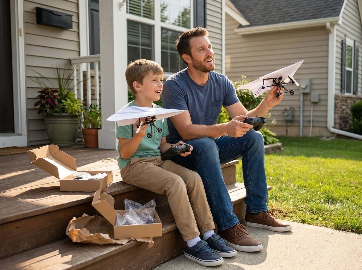 An uncle and his nephew on the front porch steps, each holding his own plane and his own remote, two open kit boxes and torn wrapping paper beside them