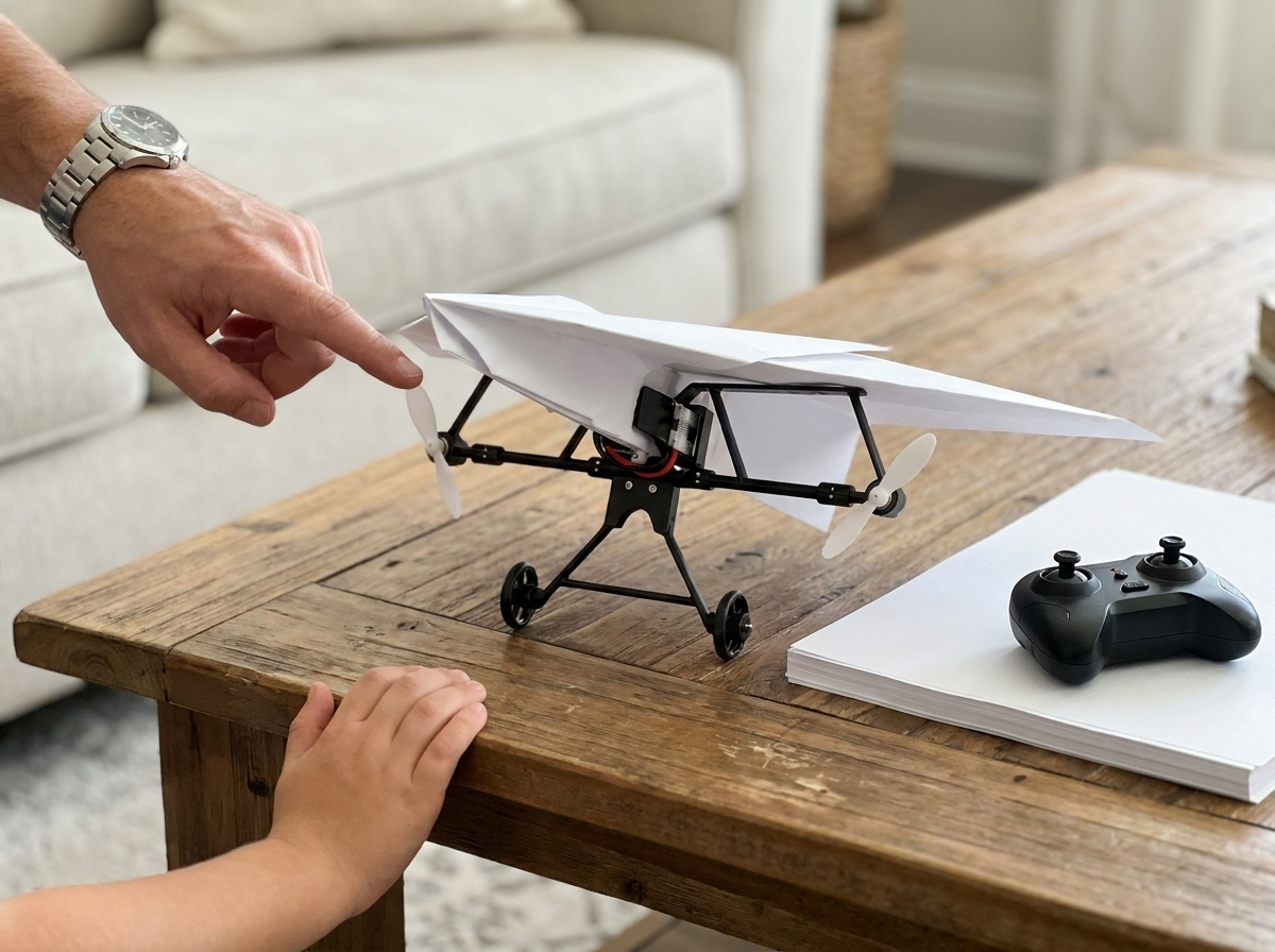 Close-up of the module on a coffee table: front crossbar, two forward props, landing gear