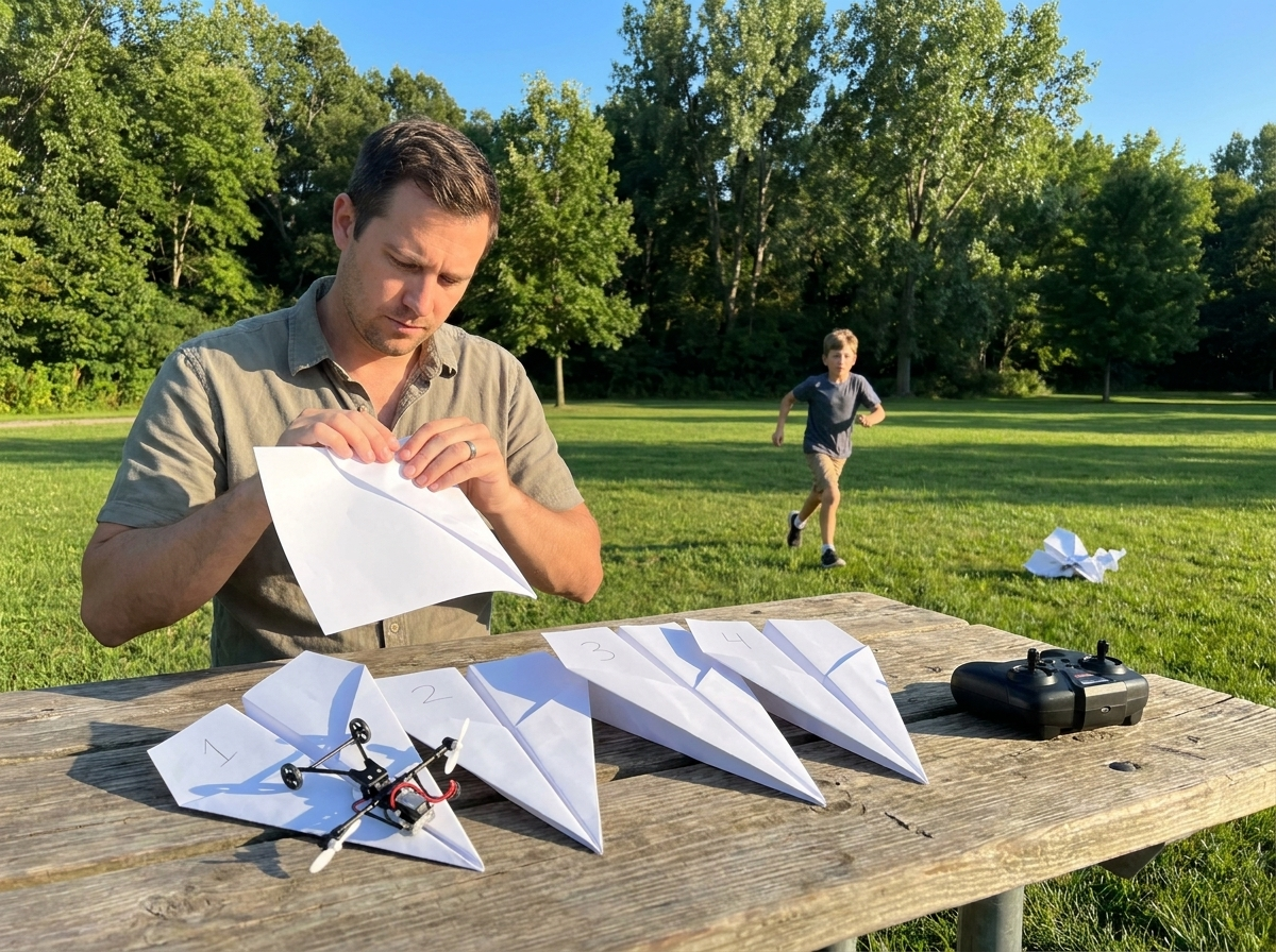 An uncle folding a fresh sheet at a picnic table beside four numbered planes and the remote, while his nephew runs toward a crashed plane in the grass