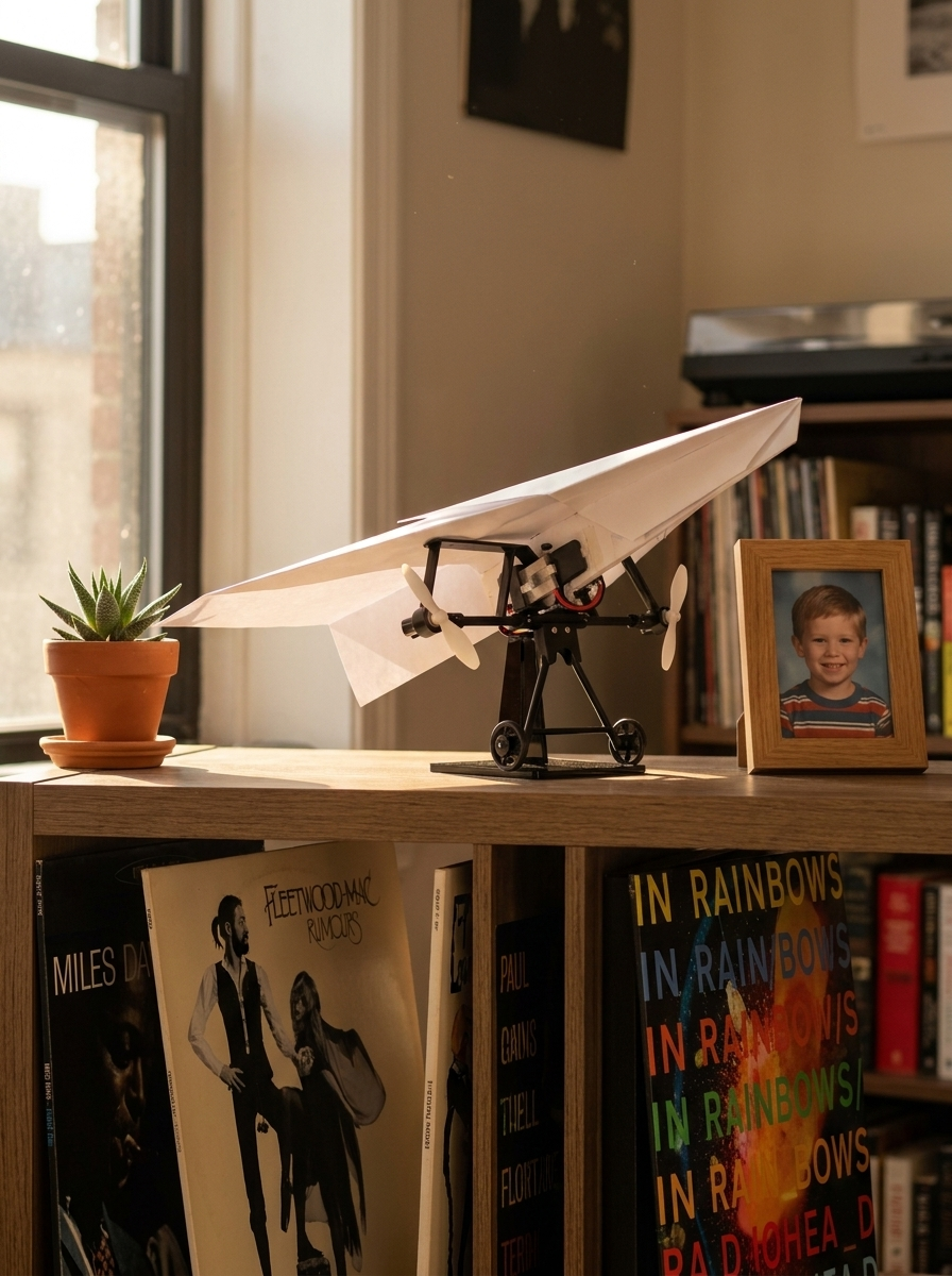 The plane on its display stand on an apartment bookshelf beside records and a plant