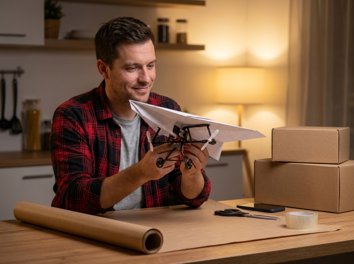 A man in his thirties at his apartment counter with the plane, wrapping paper and tape, past gifts still boxed on the shelf behind him