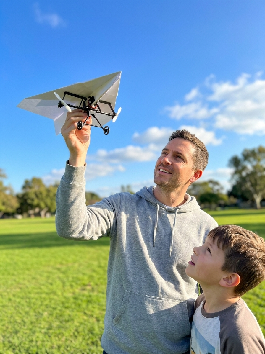 An uncle in his thirties holding the plane up on a park lawn, his nephew looking up beside him