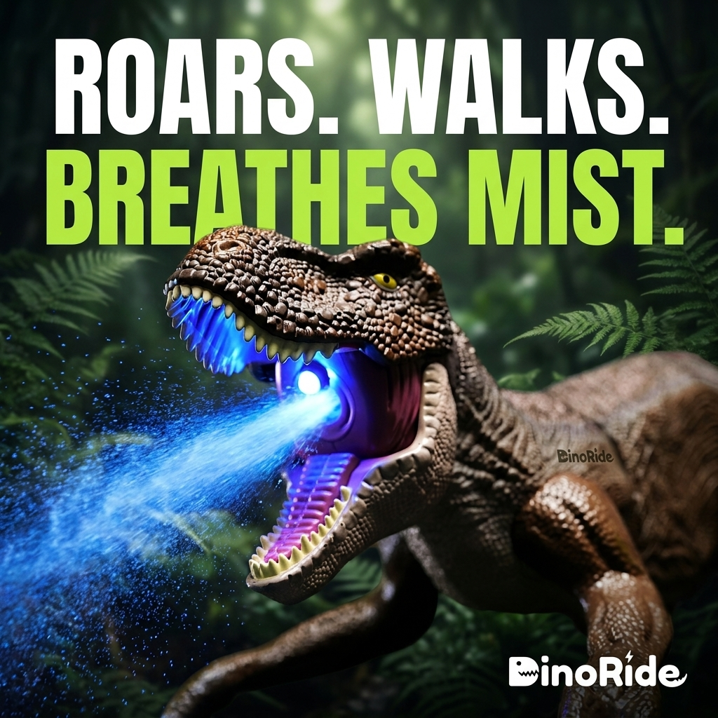 DinoRide breathing blue-lit mist