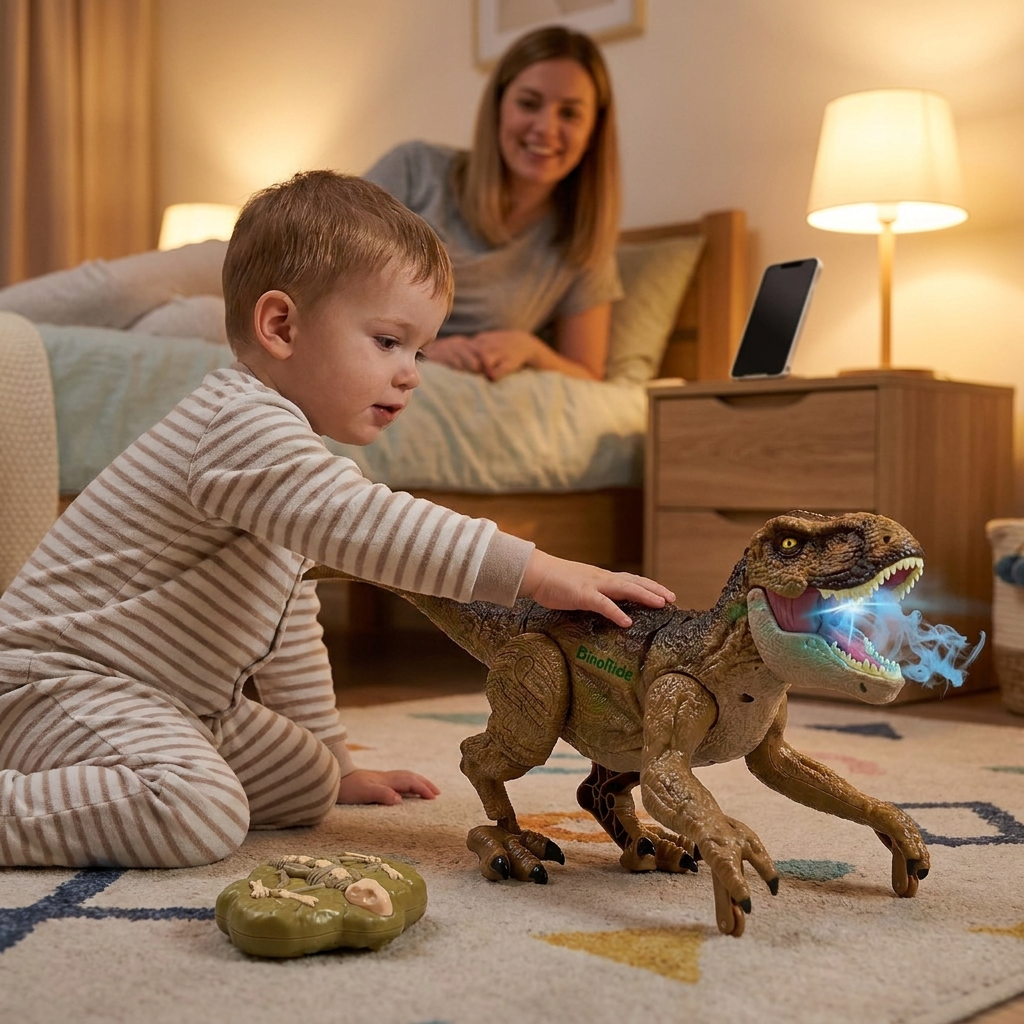 A toddler tapping DinoRide's back to make it walk, the fossil remote on the rug beside him, a phone face-down on the nightstand