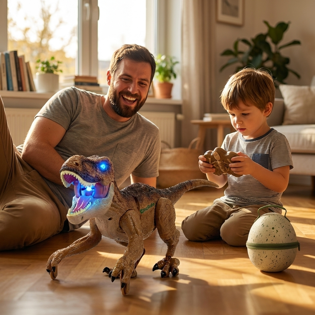 A dad and his son on the living room floor, the boy driving DinoRide on the fossil remote