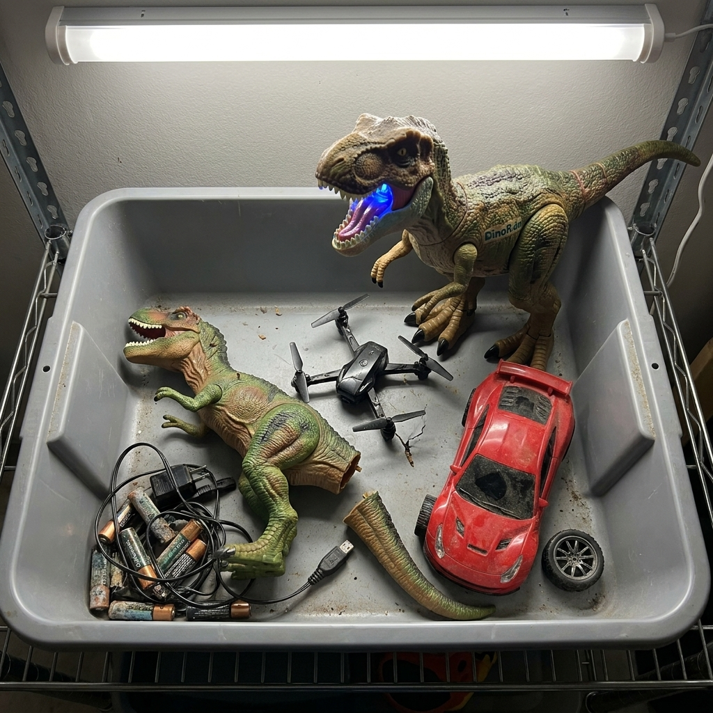 A garage bin of broken RC toys: a cheap RC dinosaur with its tail snapped off, a cracked drone, a car missing a wheel. DinoRide stands intact on the edge.