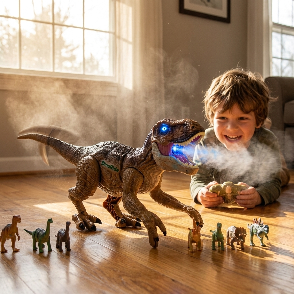 DinoRide hunting a line of toy dinosaurs across the hardwood