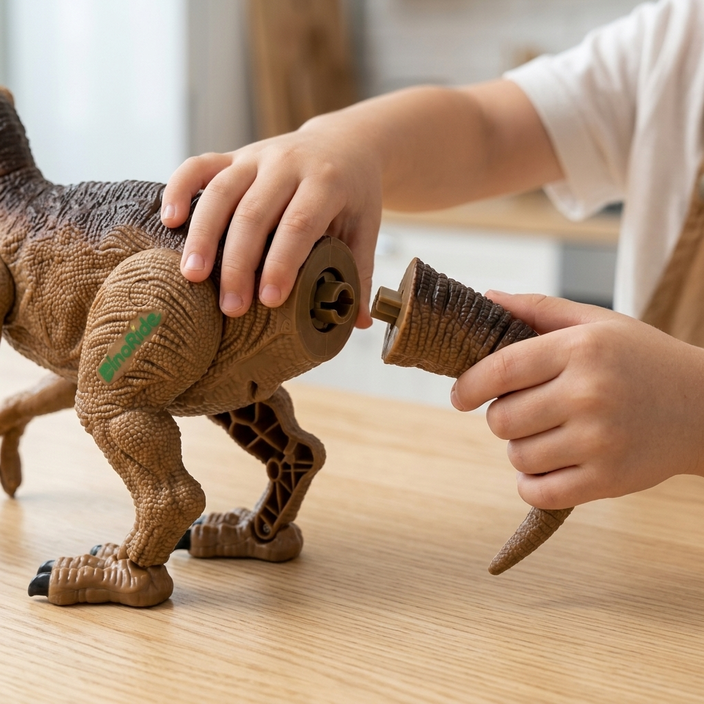 A child's hands clicking the segmented snap-on tail back into DinoRide's body