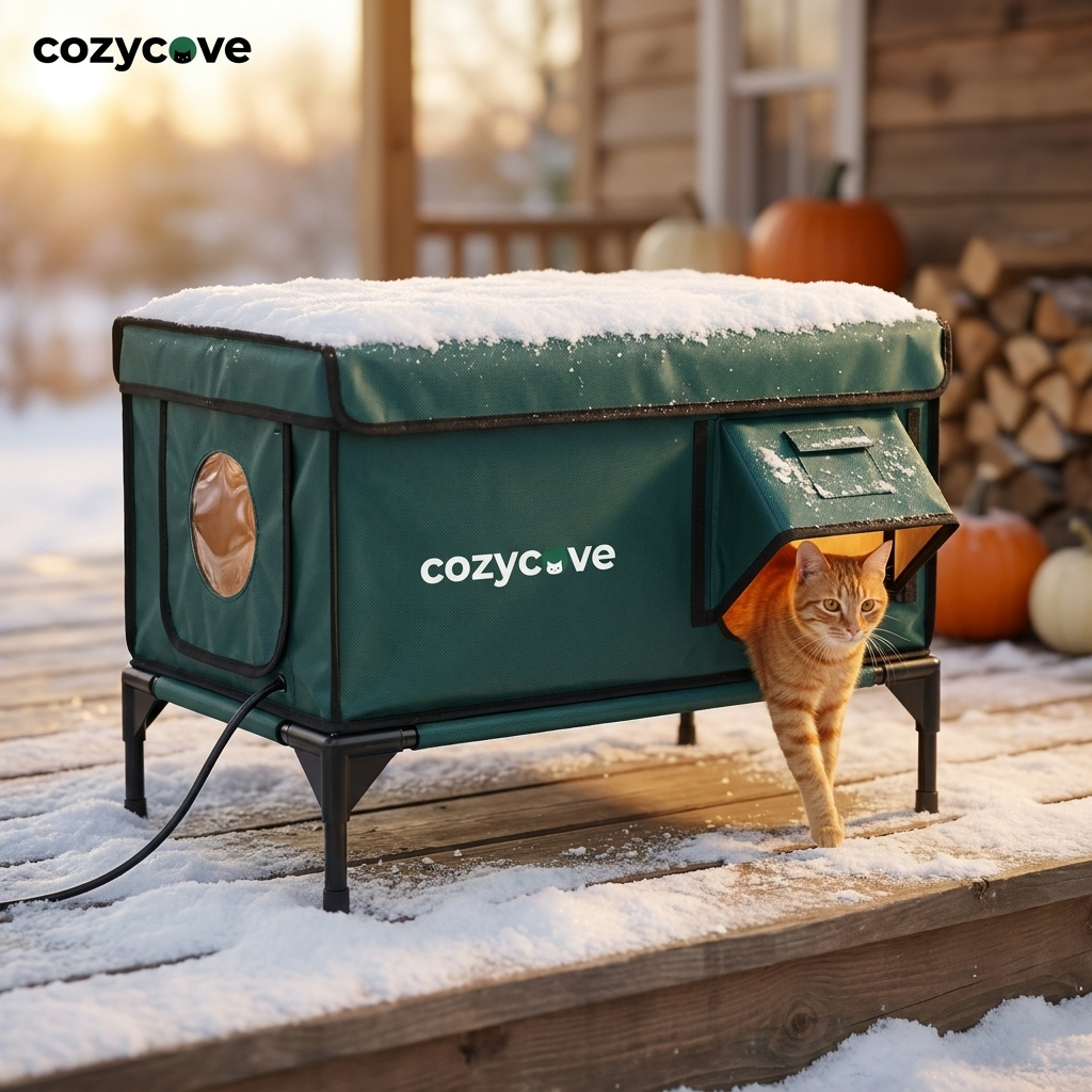 CozyCove heated cat house on a snowy porch with a cat inside