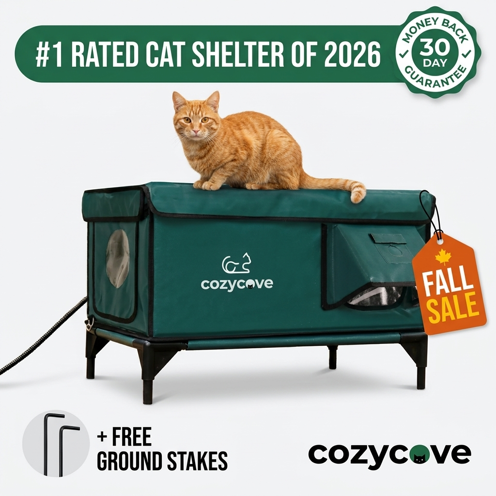CozyCove heated cat house with a cat on the roof