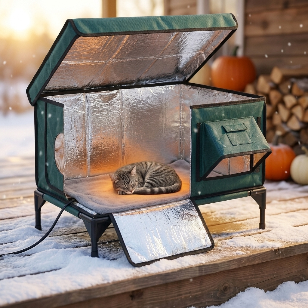Cutaway of the CozyCove with the lid raised: foil on every surface, a glowing heated pad, a cat asleep on it