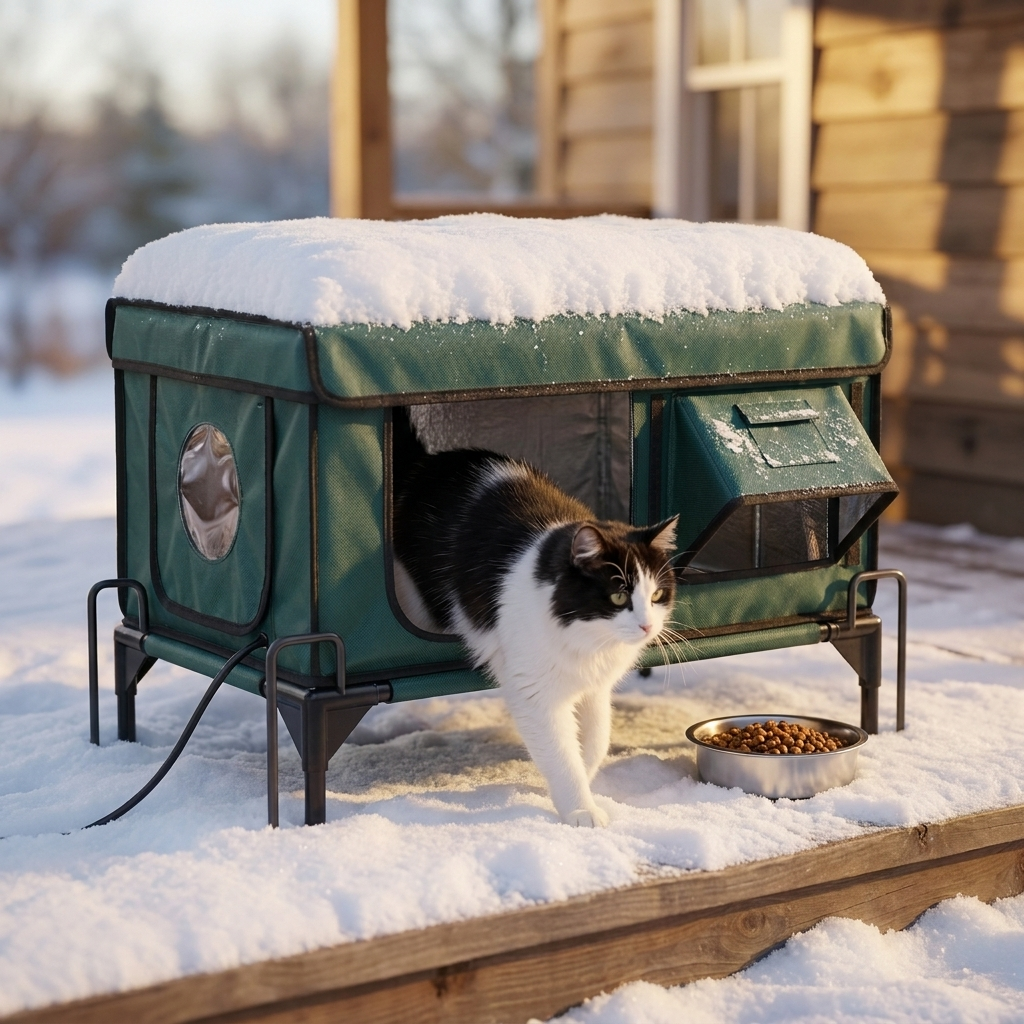 The morning after a snowstorm: snow piled on the CozyCove roof, a black-and-white cat stepping out dry into the sunrise