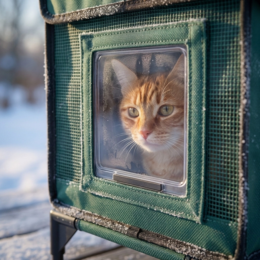 Close-up of the one-way escape door with a cat looking out through the window